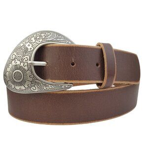 Brown Distressed Vintage Leather belt w. Floral Engraved Buckle